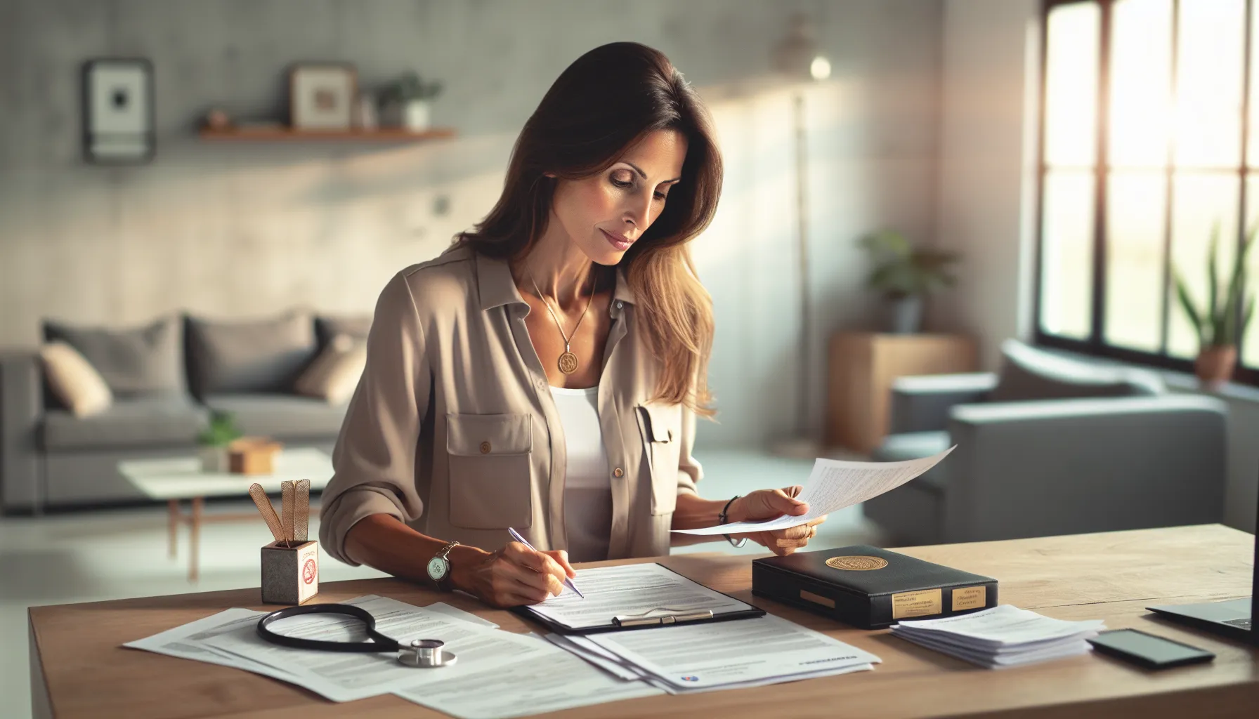 Croatian mother reviewing guardianship documents at home desk