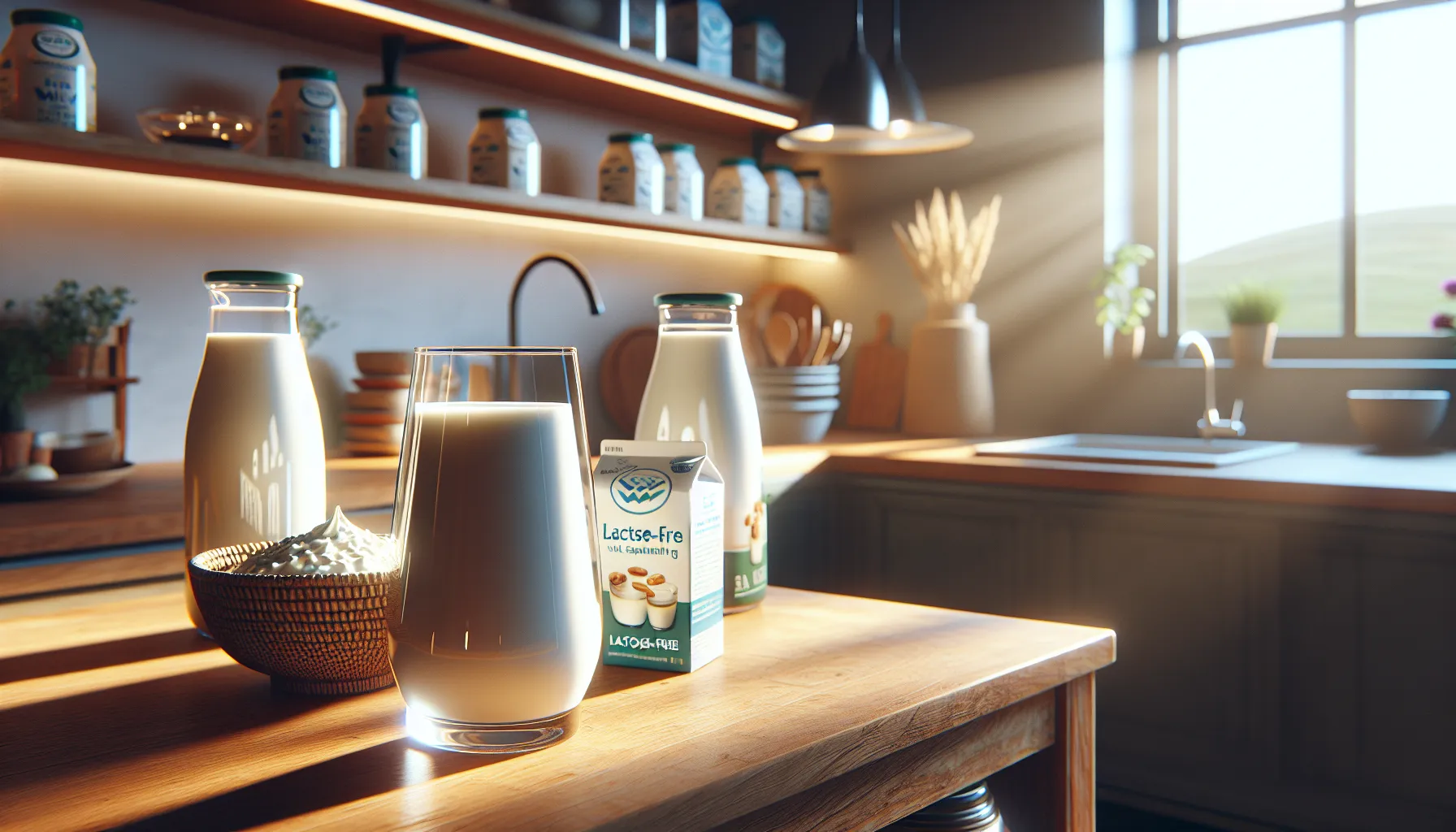 a kitchen scene with milk, curd, and plant-based alternatives on display.