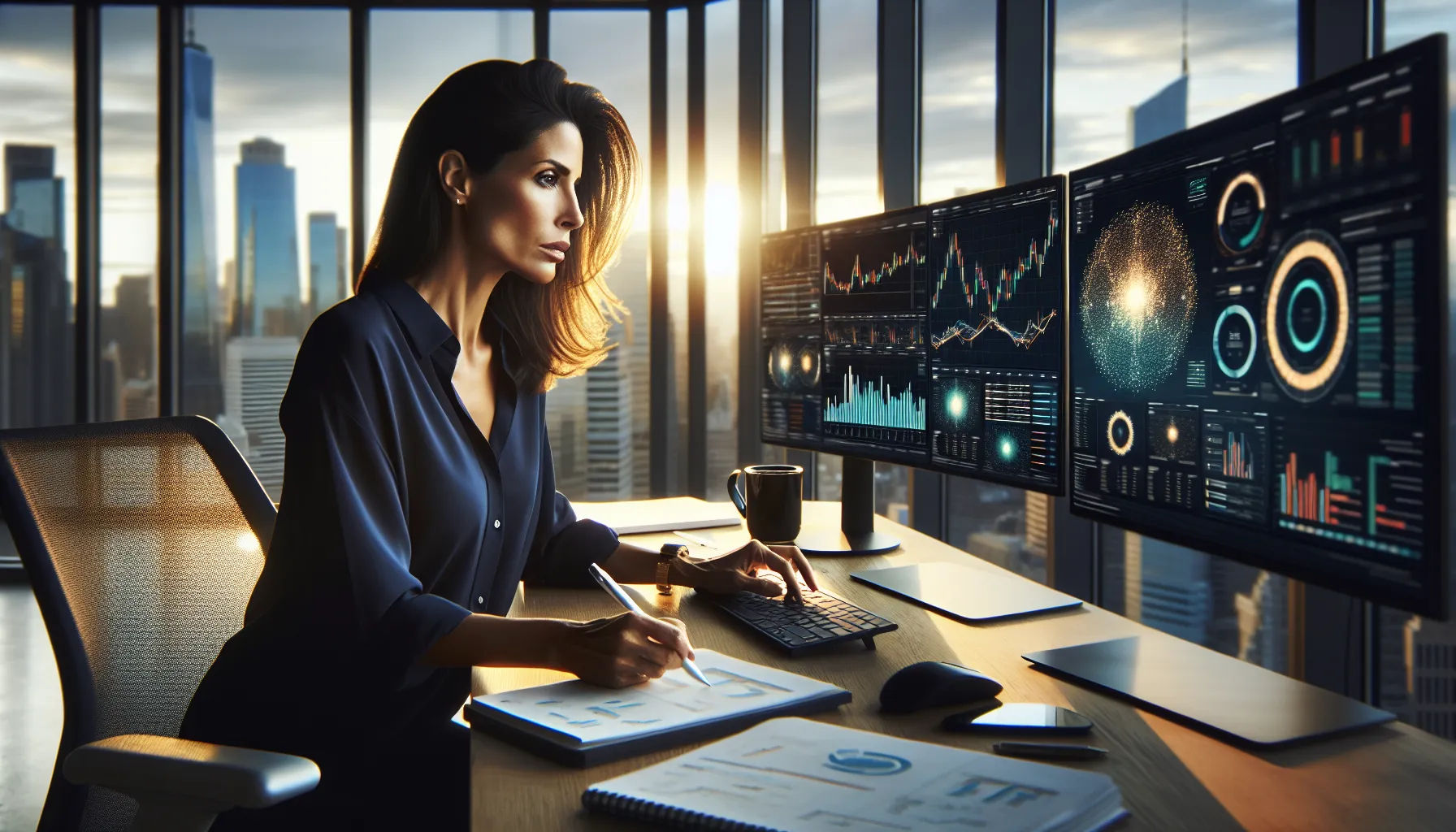 Financial analyst studying cryptocurrency tokenomics charts on multiple computer monitors in modern office.