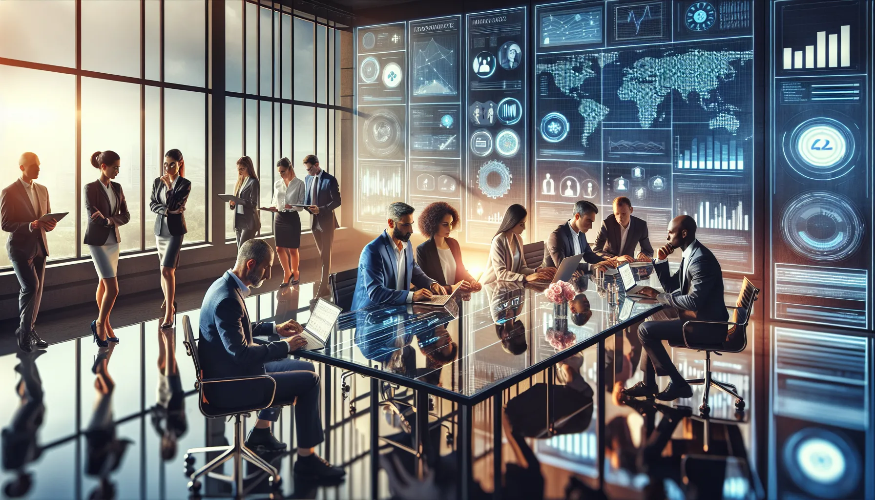 diverse professionals collaborating on bal1l2 applications in a modern office.