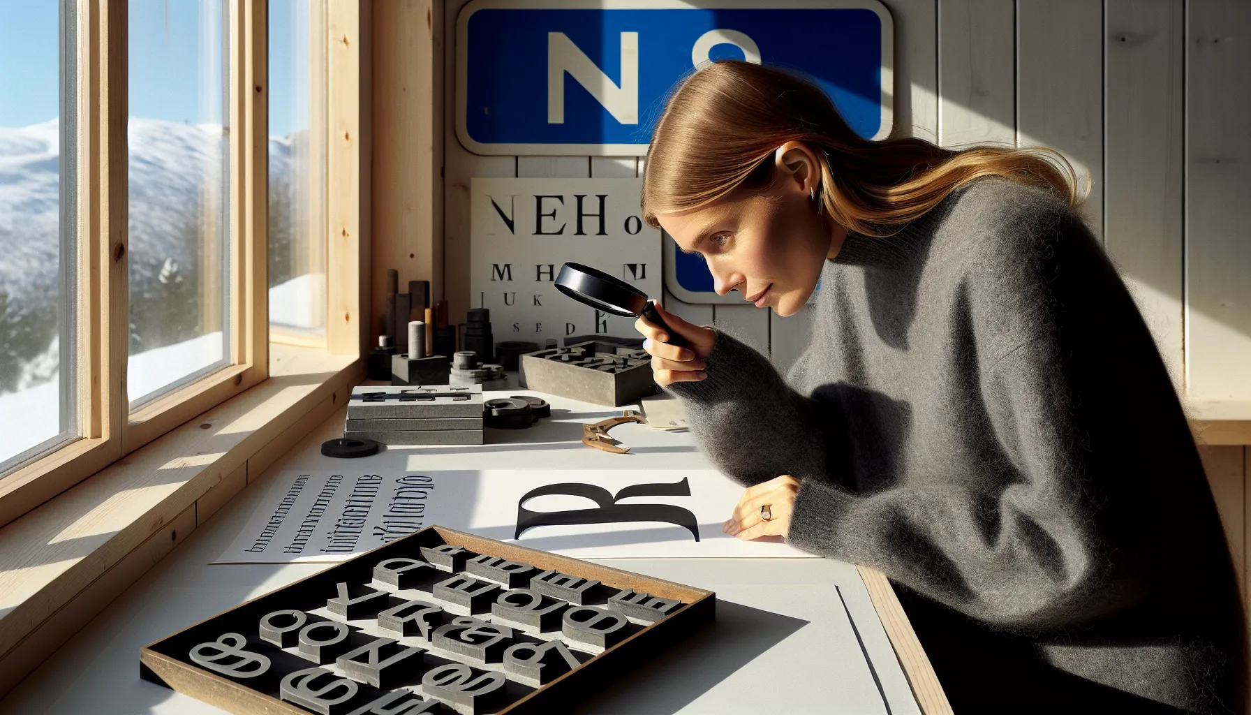 Historien bak typografiske termer: fra serif til sans-serif 2 Hands compare serif and sans-serif letters in a nordic typographer’s studio.