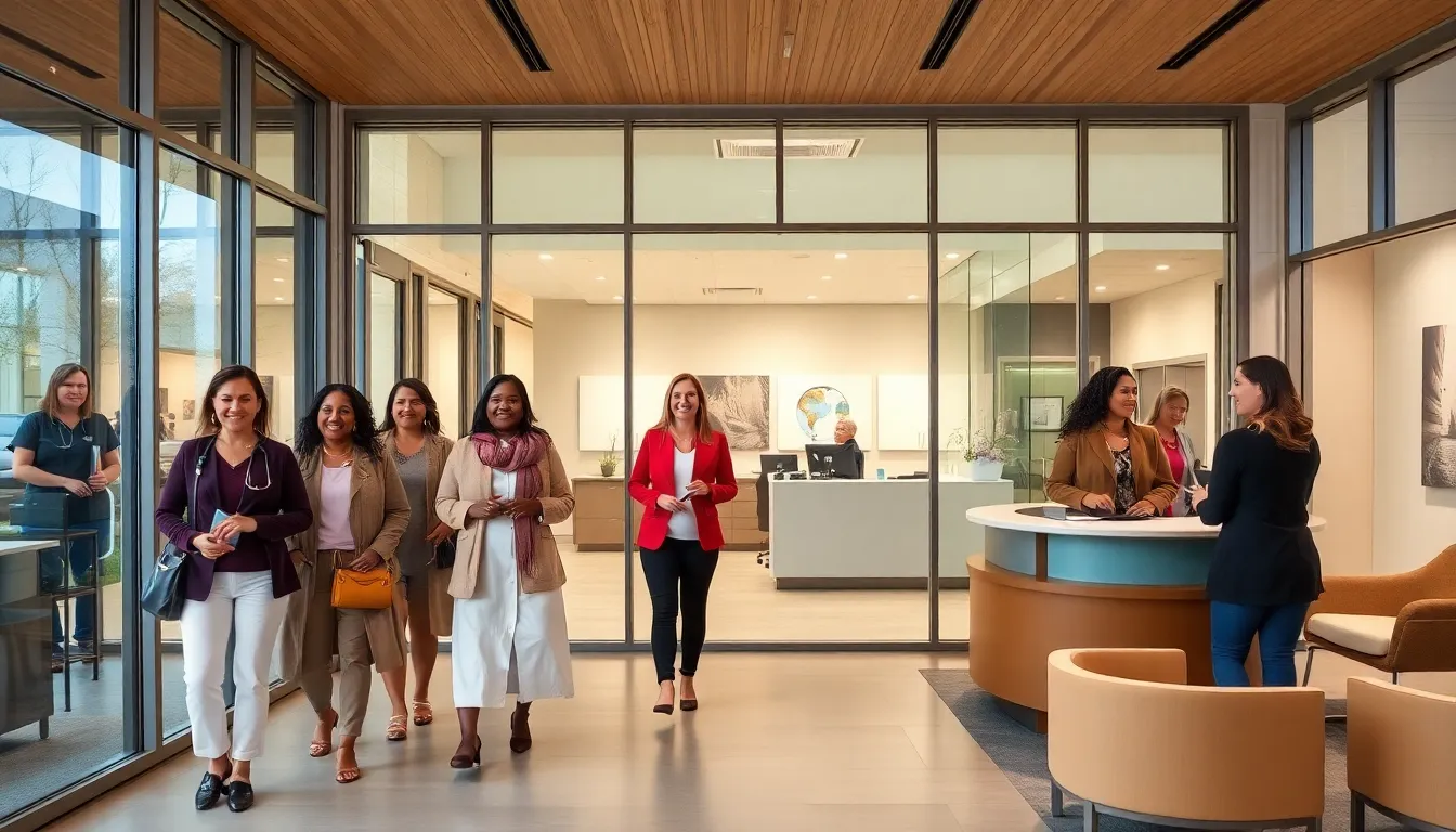 diverse women entering a modern health center.
