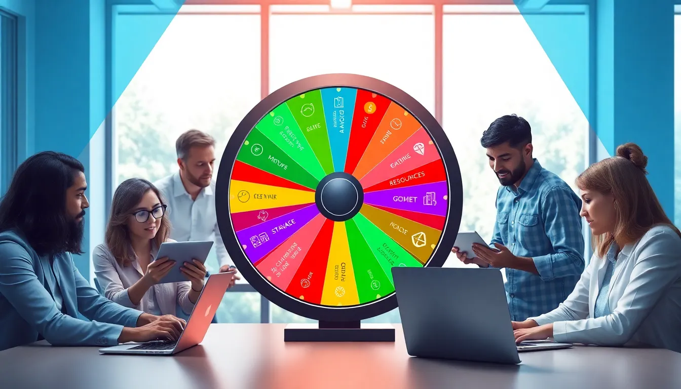 a diverse team interacting with the ck2generator spin-to-win platform.