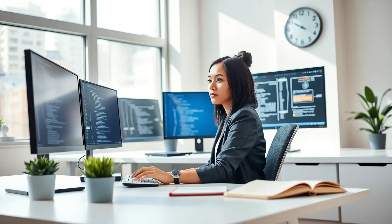 developer focused at a modern desk analyzing productivity data.