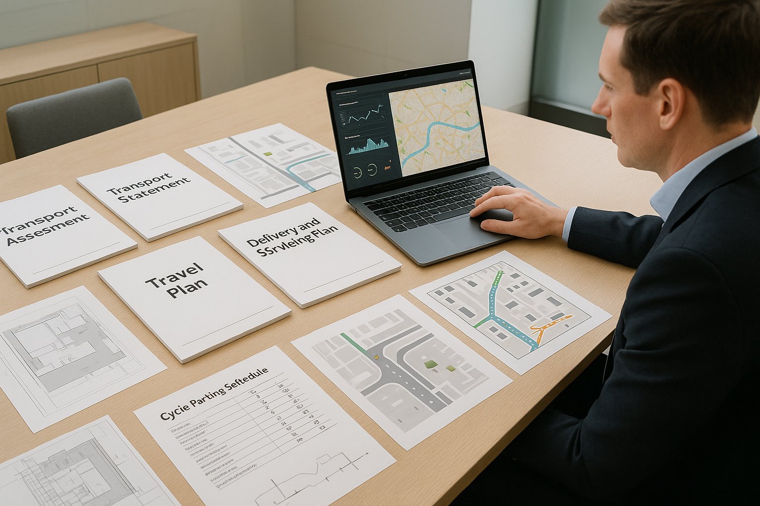 Transport planner reviewing London planning reports and site transport analysis.