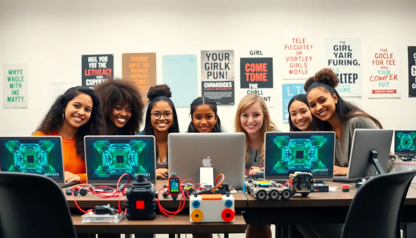 diverse girls coding and collaborating in a modern classroom.