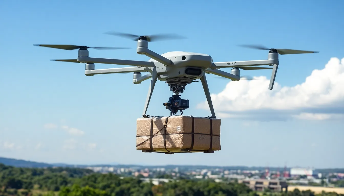 heavy lift drone flying over a green landscape with a large package.