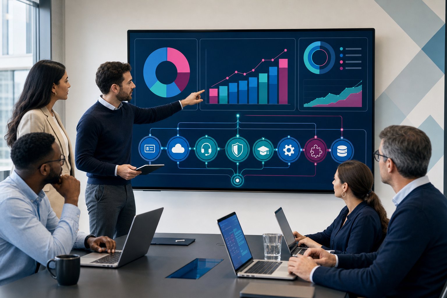 Team reviewing client portal costs on a modern office dashboard.