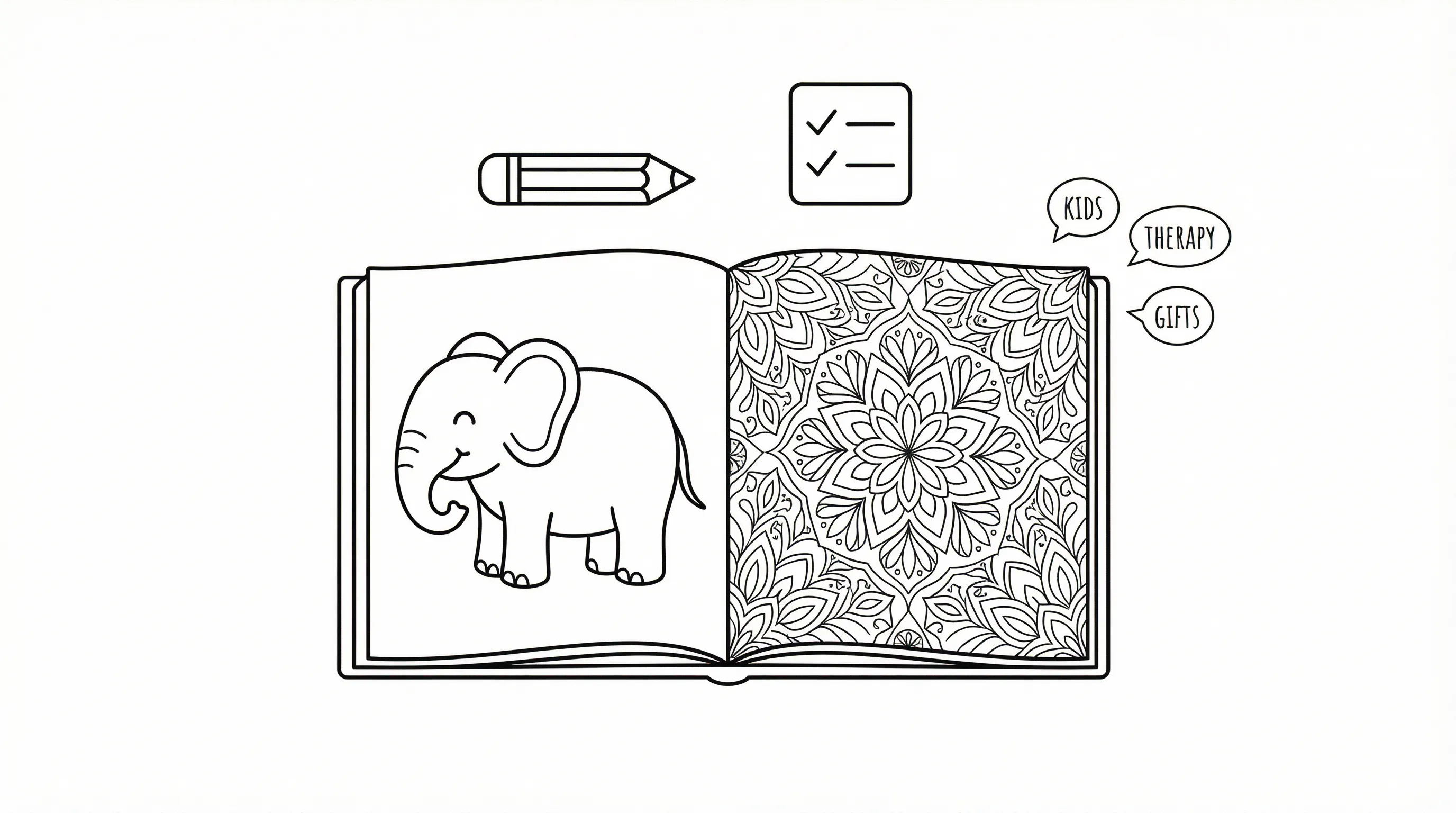 Open coloring book showing simple and detailed pages for different audiences.
