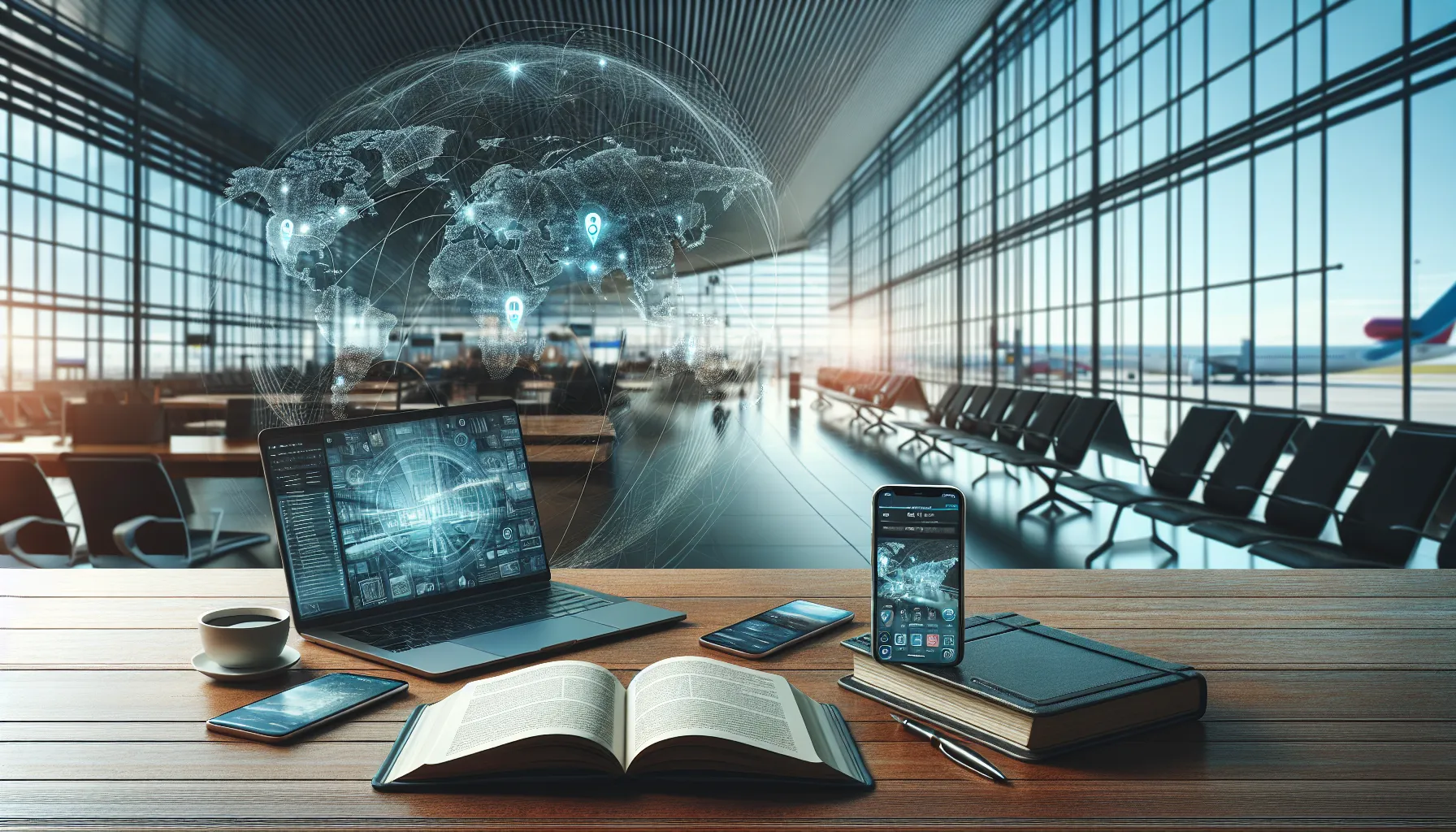smartphone on a desk with travel planning items.