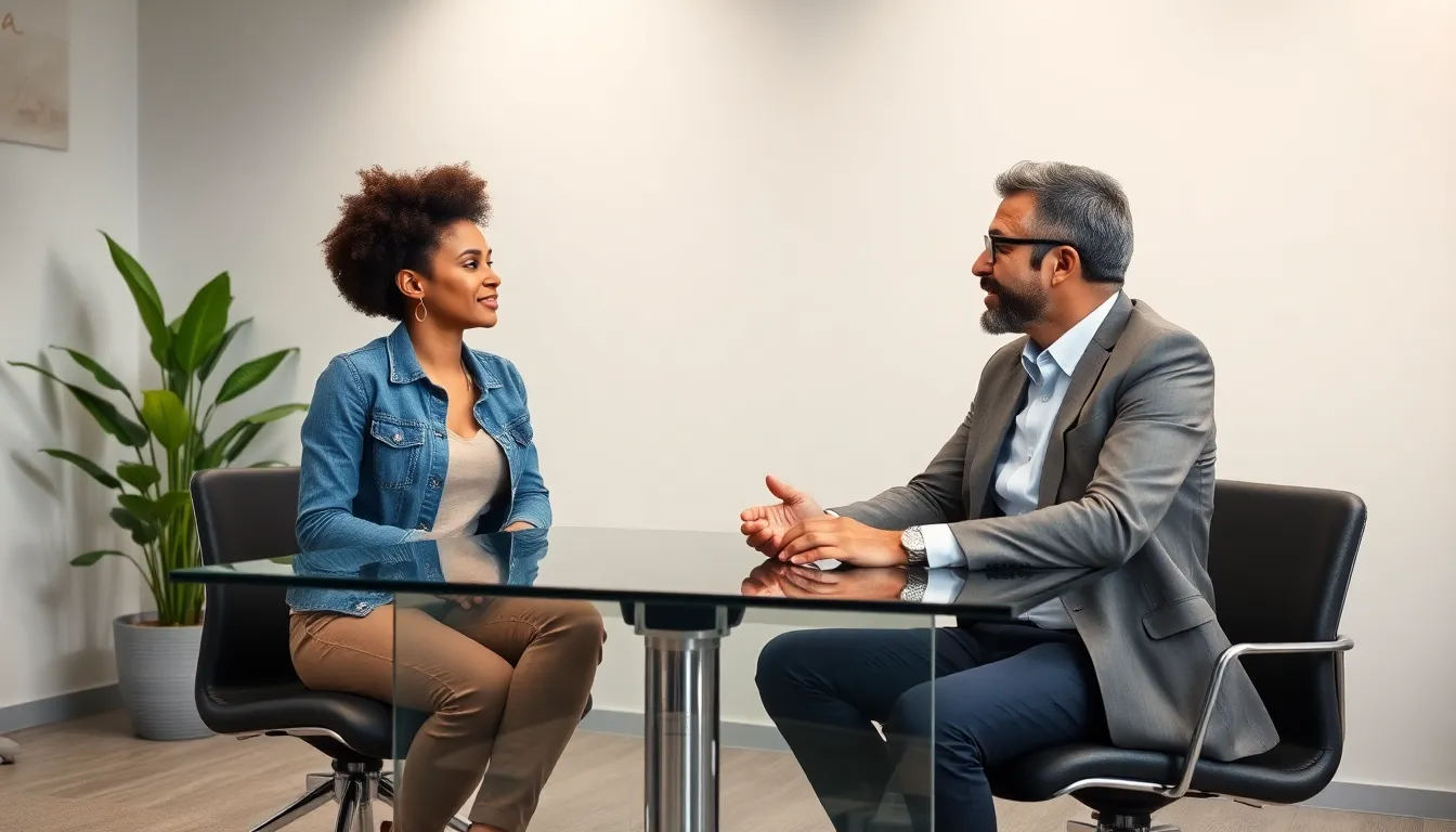 diverse couple discussing relationship dynamics in a modern office setting.