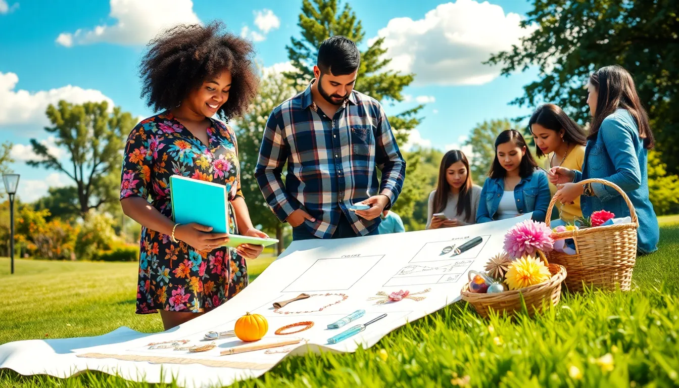 a diverse group planning an affordable outdoor event in a sunny park.