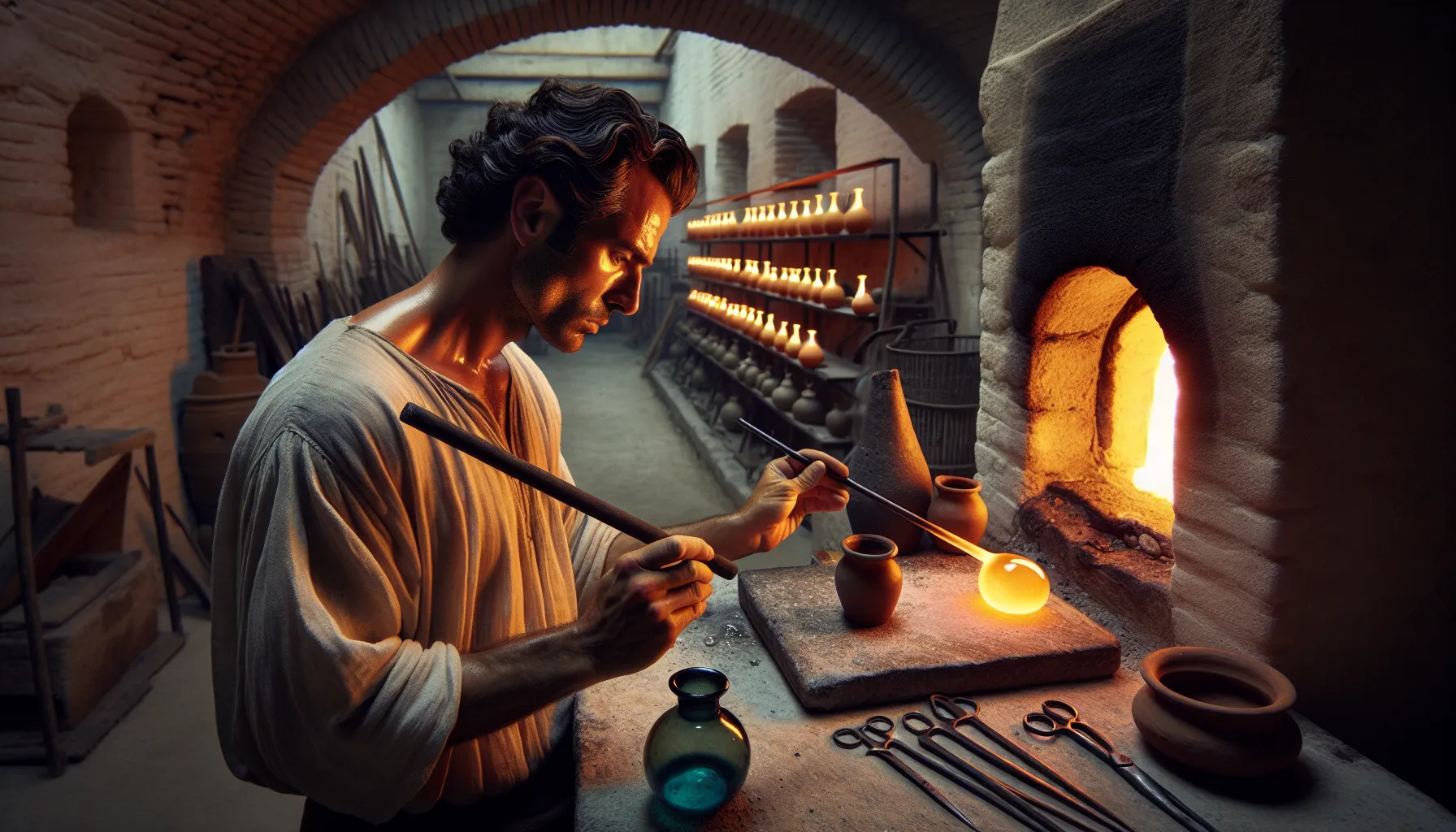 Levantine glassblower shapes a glowing bubble beside a roman furnace and panes.