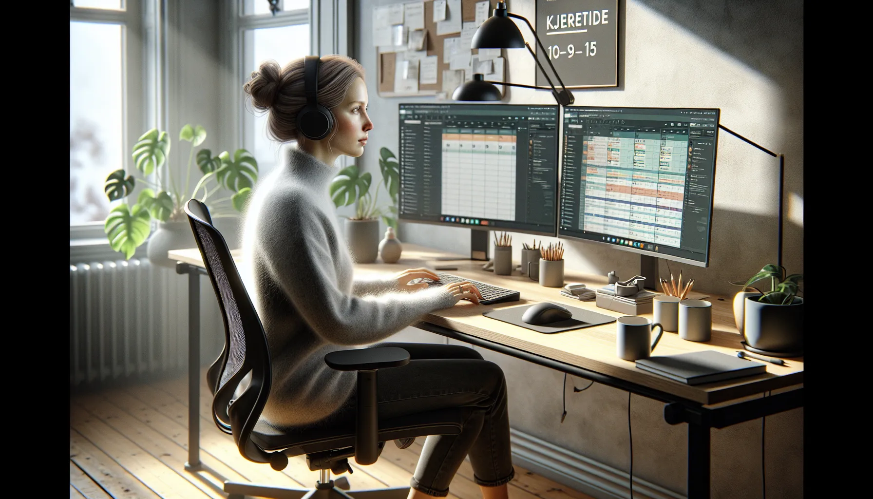 Norwegian professional in ergonomic home office with video call and visible schedule.