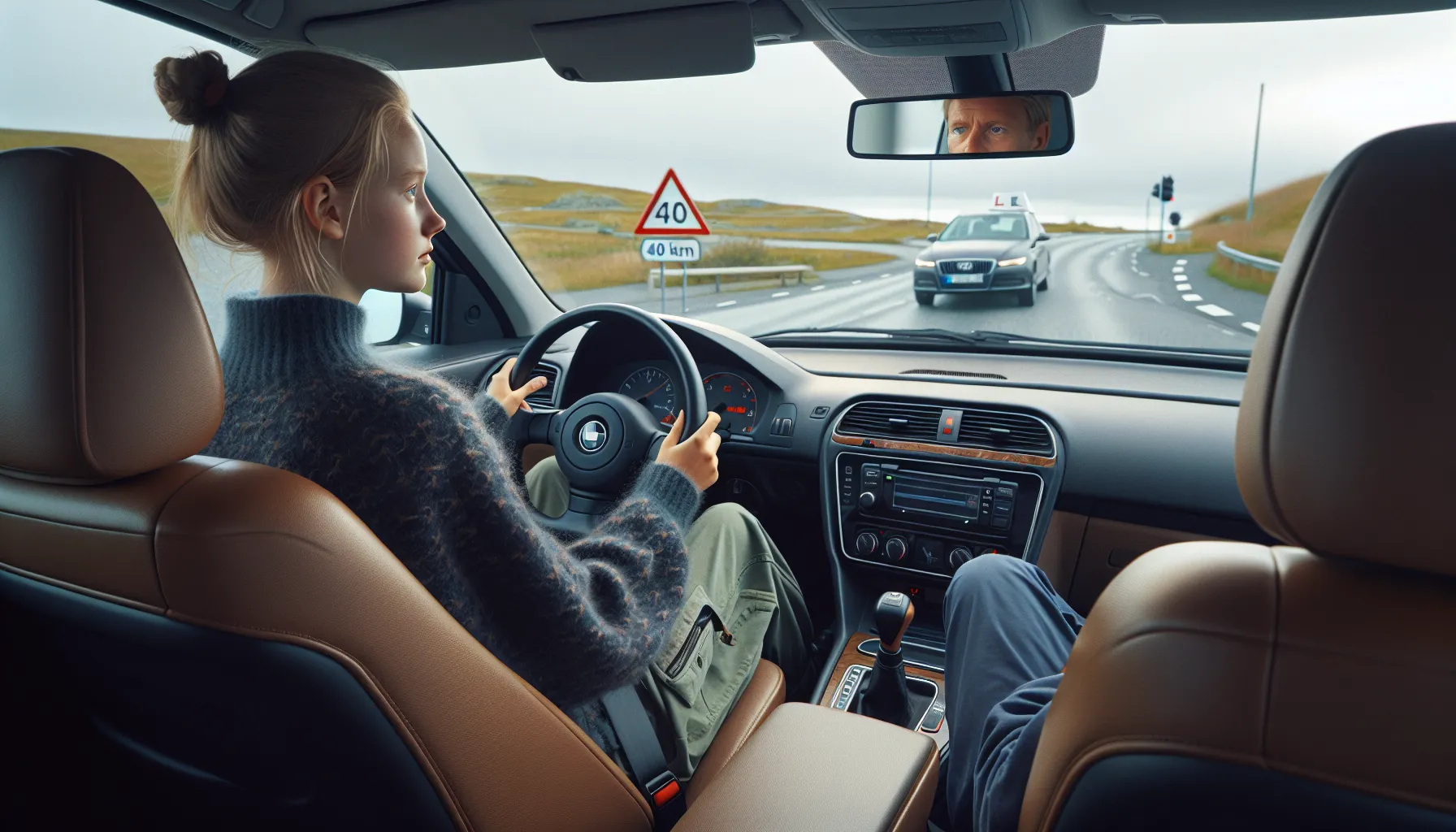 Learner calmly approaches a norwegian roundabout in an automatic driving school car.