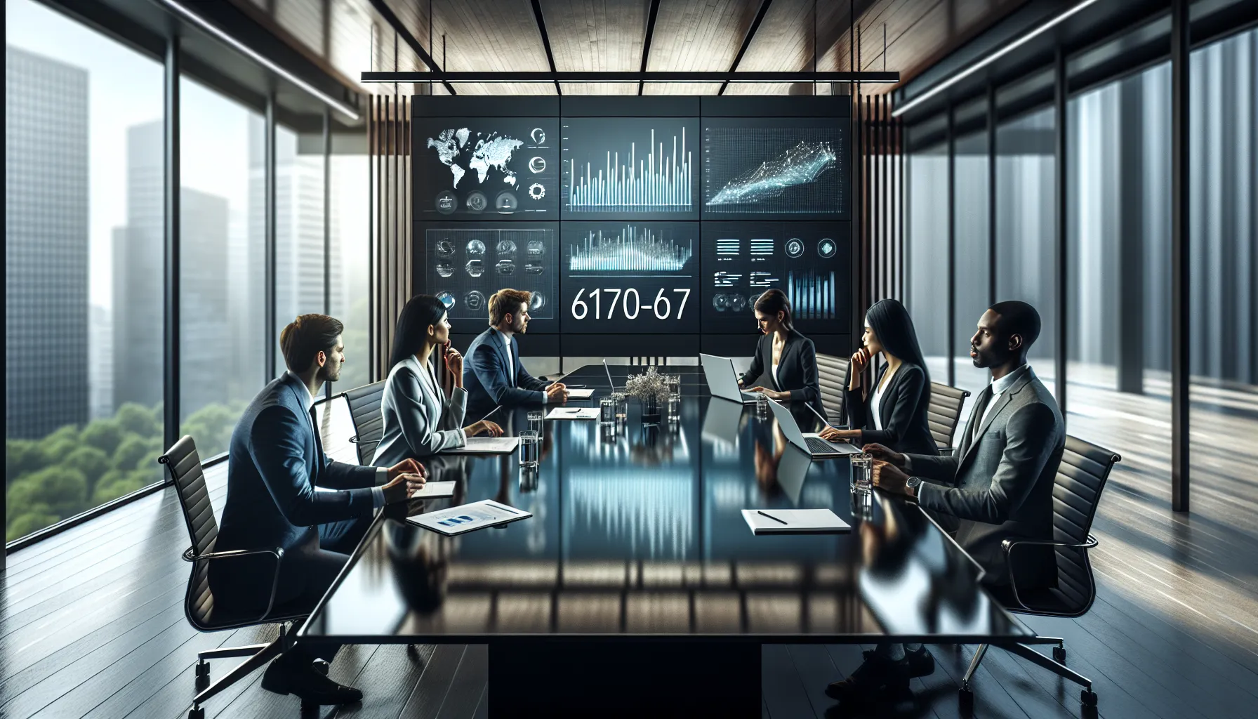 diverse professionals analyzing data in a modern conference room.