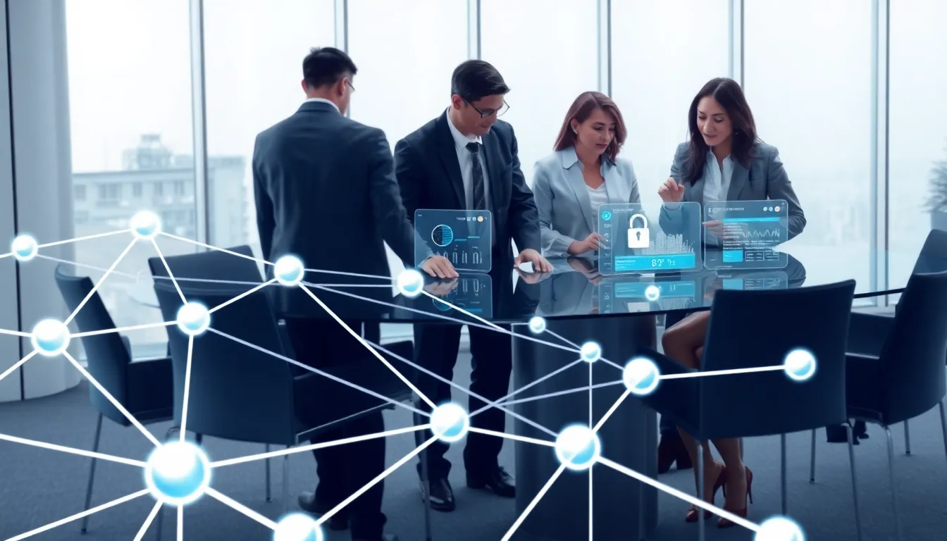 diverse professionals collaborating on Blockchain Bitclassic in a modern office.