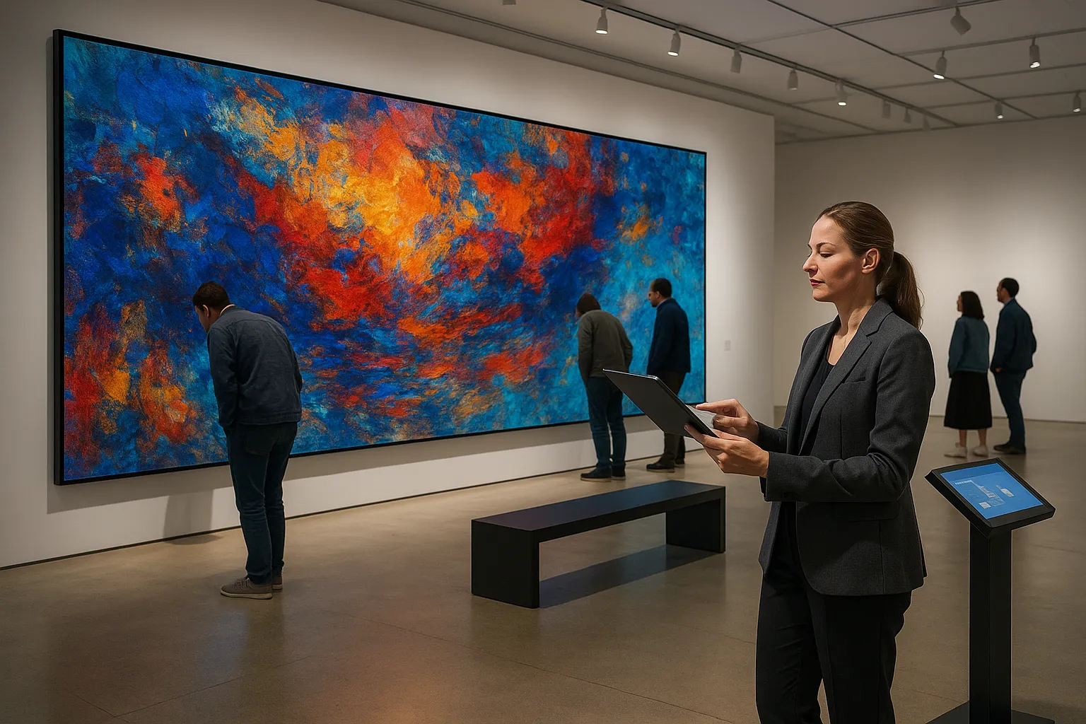 Museum curator managing a large LED video wall display in a modern art gallery.