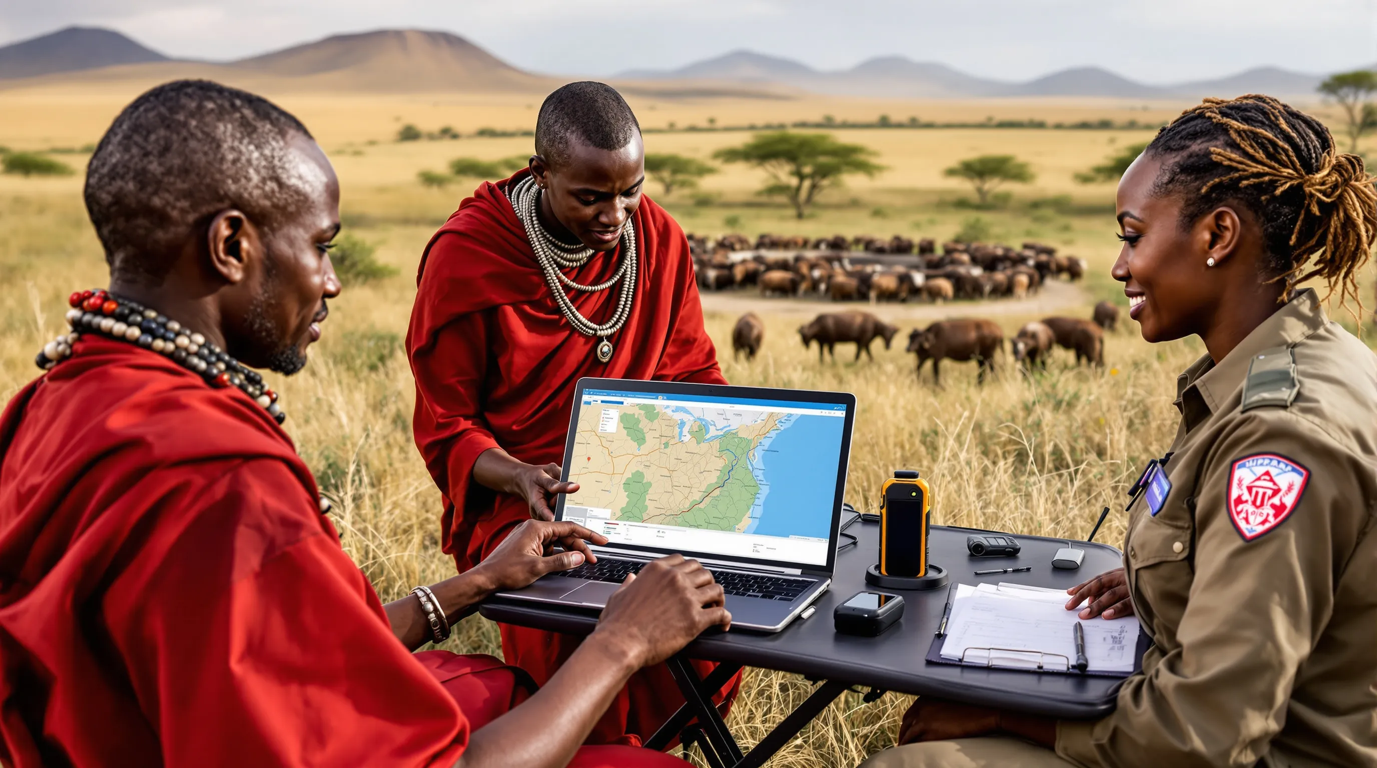 Maasai leaders and park ranger review conservation and grazing map on savanna.