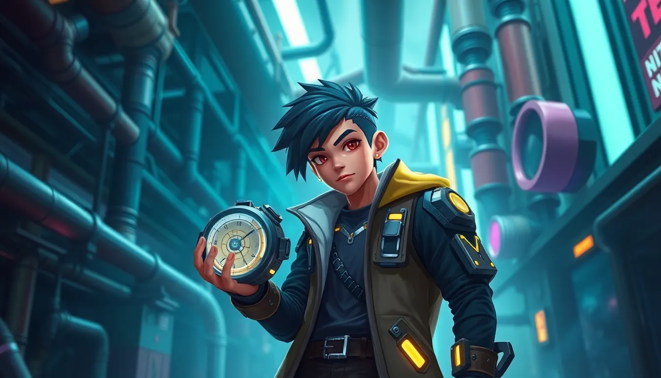 Ekko from League of Legends in a futuristic Zaun setting with his time-winder.