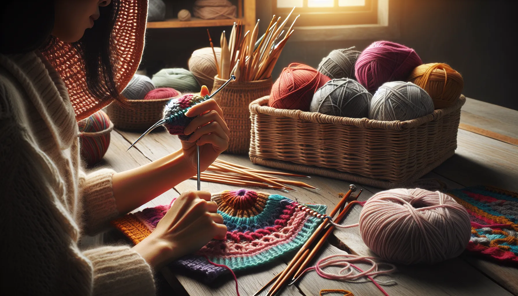 A crafting workspace showing crochet and knitting tools and projects in progress.