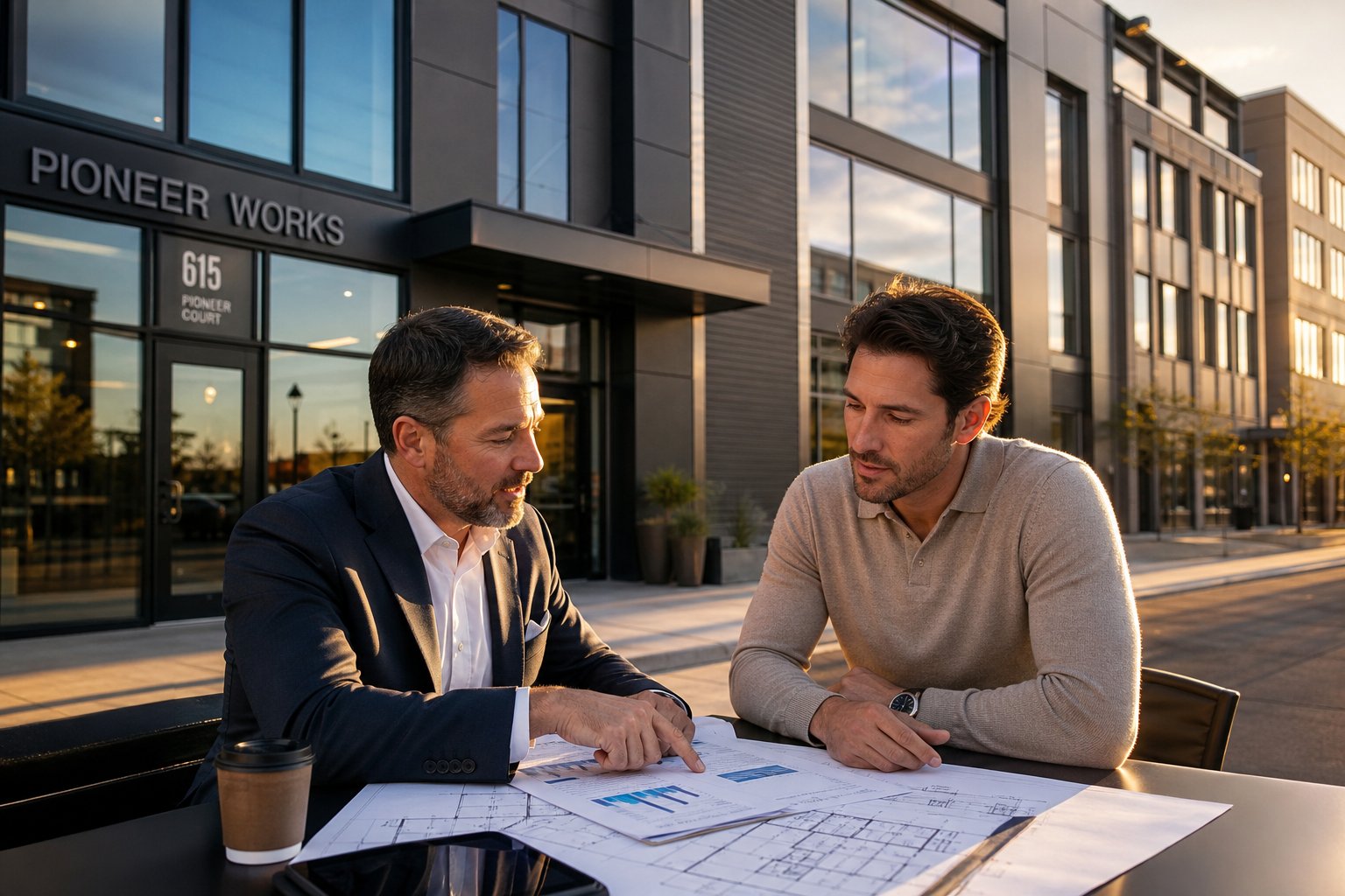 Commercial mortgage advisor meeting a business owner outside a modern office building in a polished urban business district at golden hour.