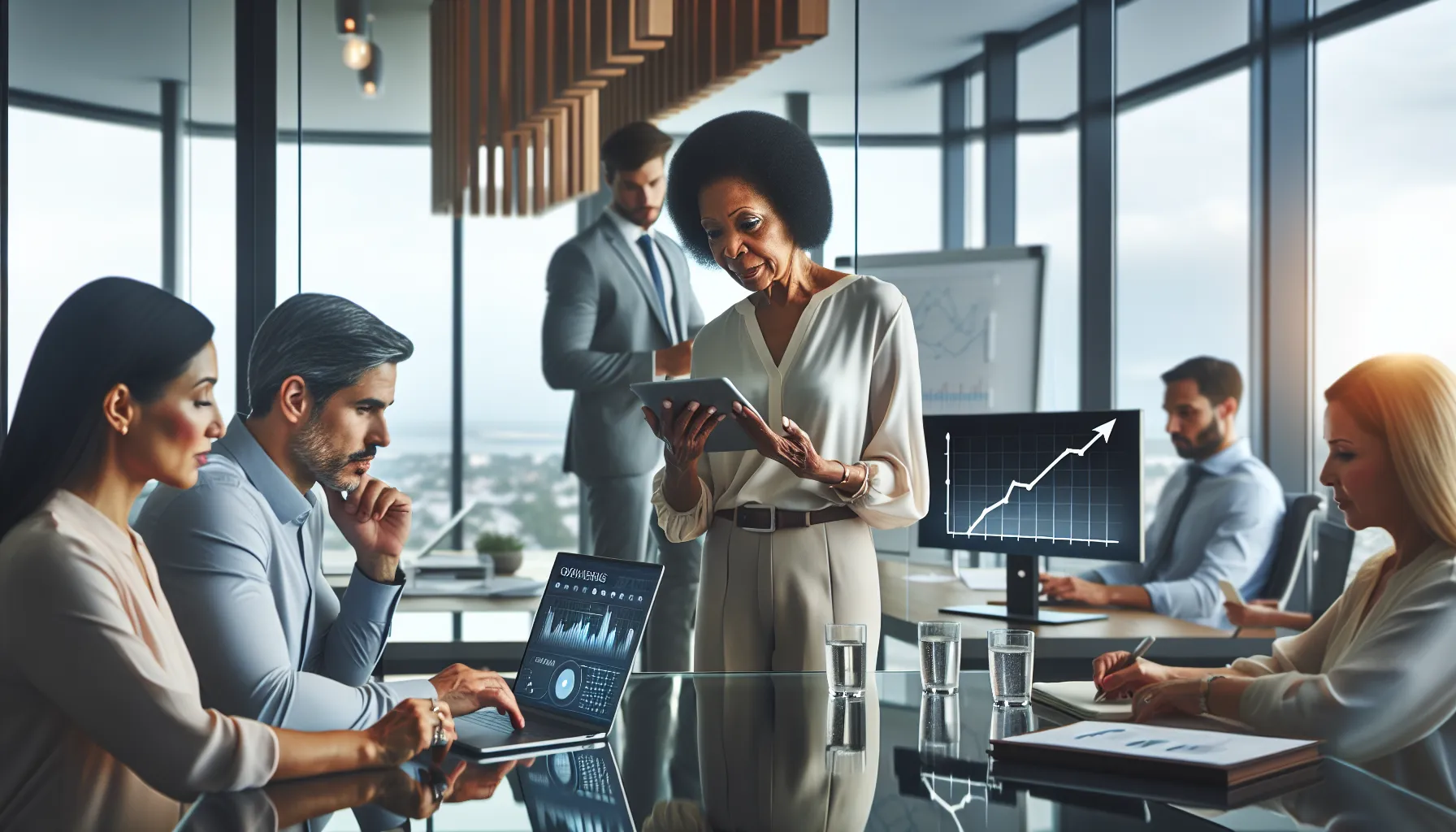 diverse team discussing telecommunications scams in a modern office.
