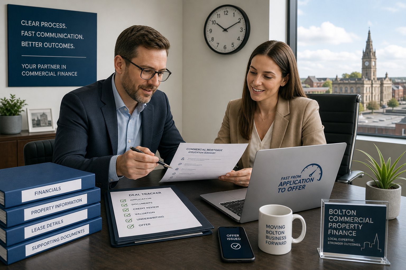 Client and adviser progressing quickly through a commercial mortgage application in a modern office.