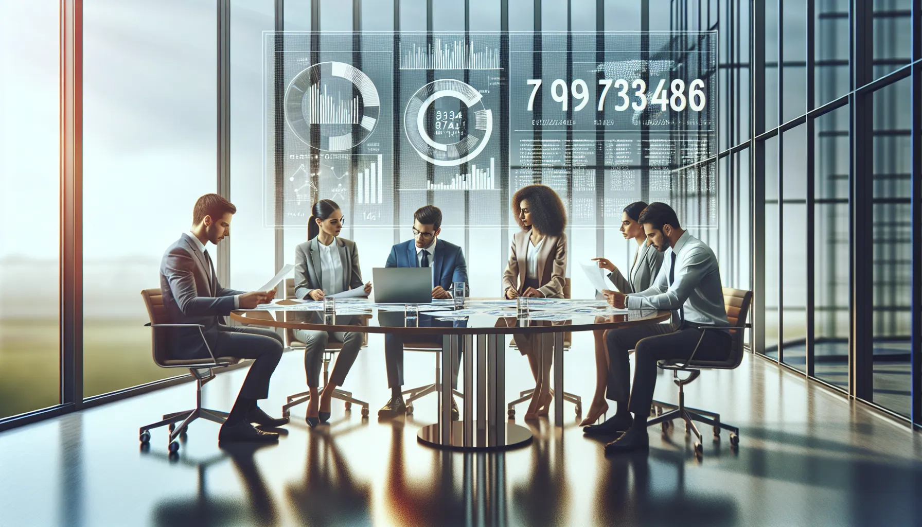 diverse professionals collaborating over data in a modern office.