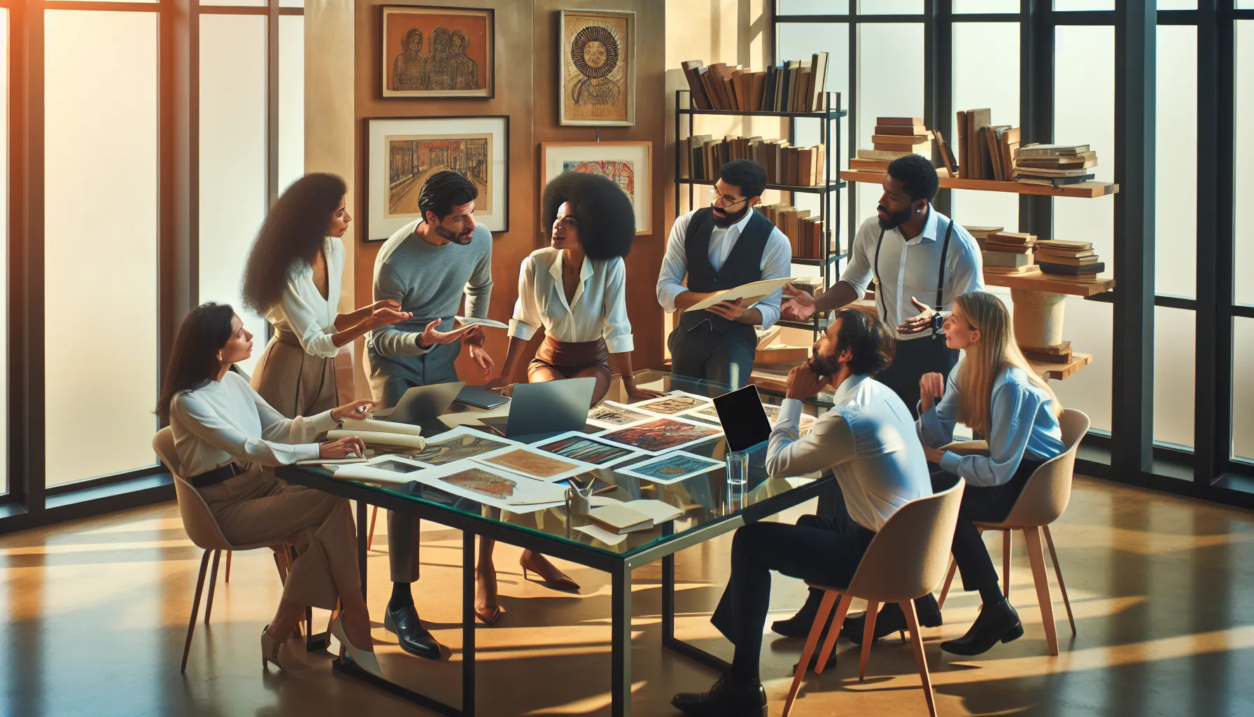 diverse group discussing art in a modern workspace.