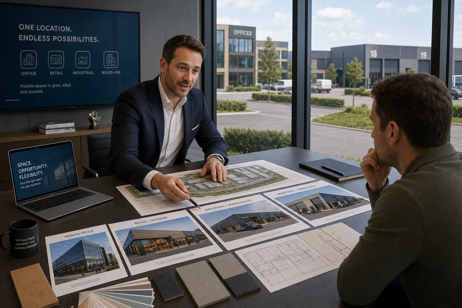 Commercial Mortgage Brokers Preston 6 Property consultant showing a client different commercial property options in a modern meeting room.