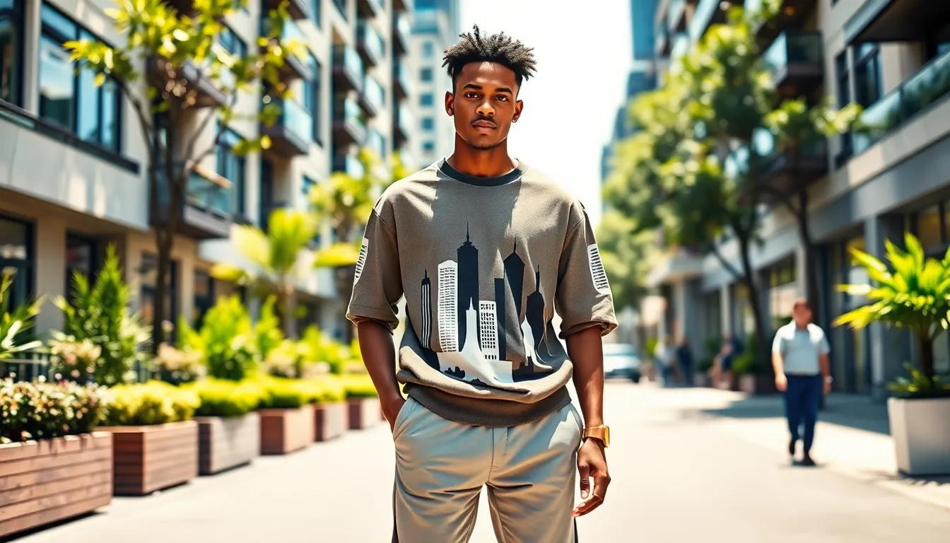 A young adult showcasing architecture-inspired fashion in an urban setting.