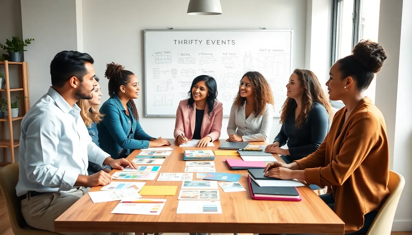 diverse team brainstorming at a modern event planning workspace.
