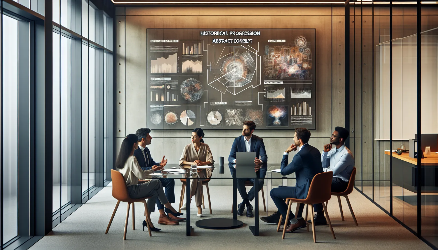 diverse professionals discussing the history of фвызщцук in a modern office.