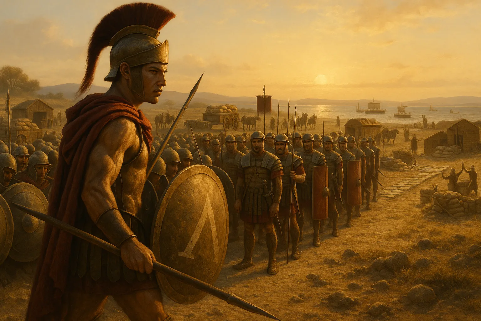 A Spartan hoplite faces organized imperial troops with supply wagons at sunset.
