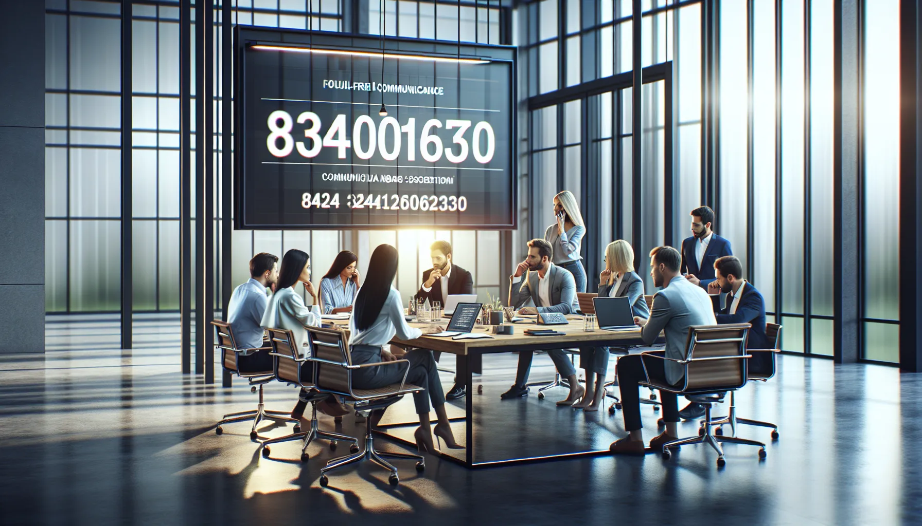 diverse professionals discussing over a conference table with toll-free number displayed.