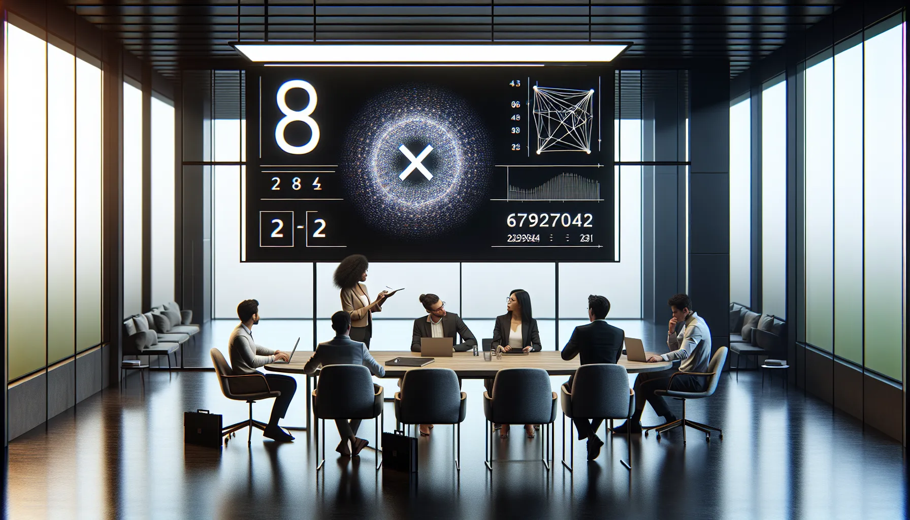 professionals discussing the significance of the number 672927042 in a modern office.