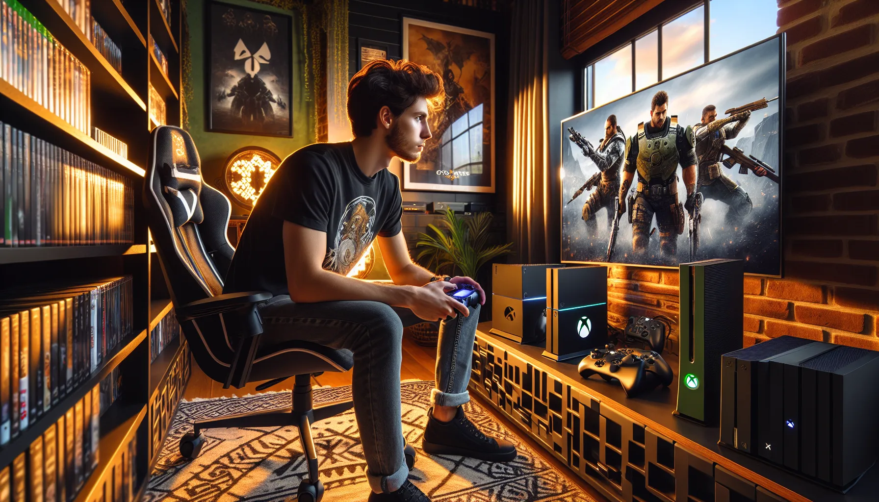 A young man gaming while showcasing a PlayStation and an Xbox in a modern room.