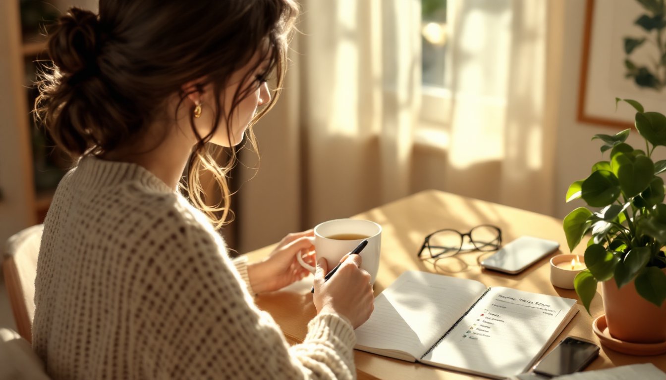 A woman journaling at a sunlit desk, reflecting on daily time and energy.