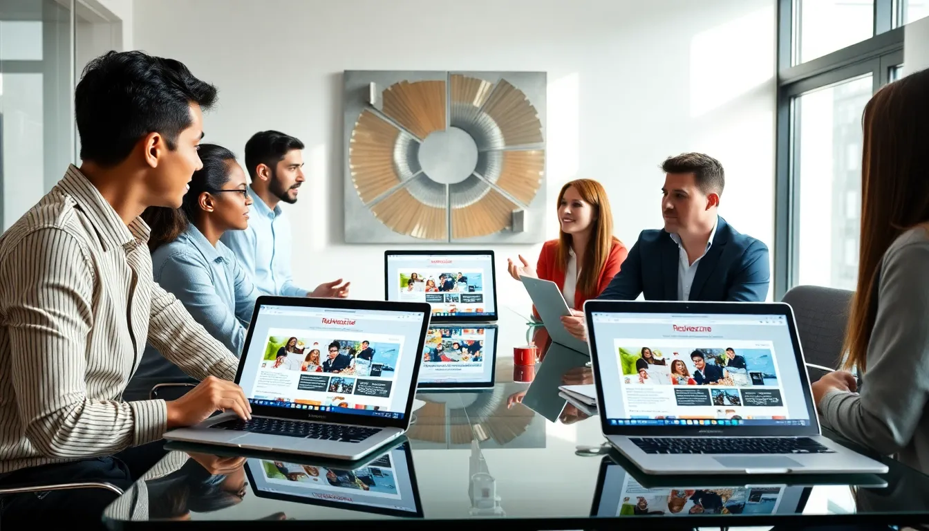 a diverse team discussing content in a modern office.