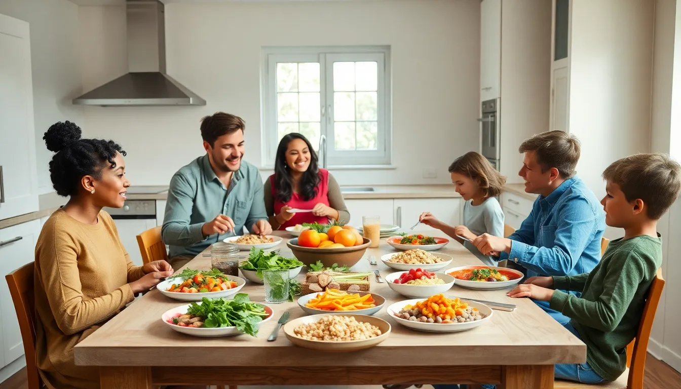family enjoying easy healthy dinner in a bright kitchen.
