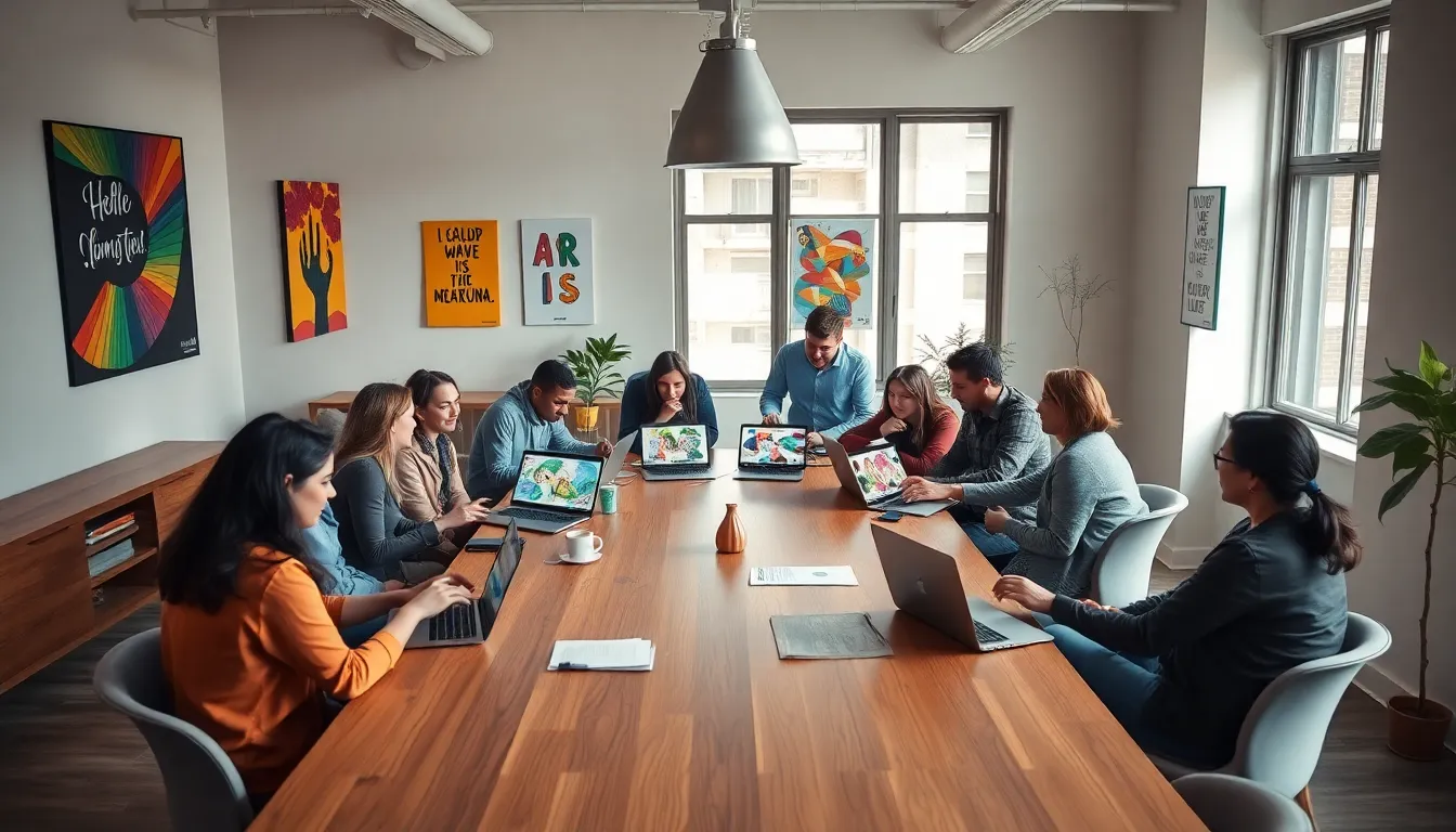 diverse creatives collaborating in a modern workspace.