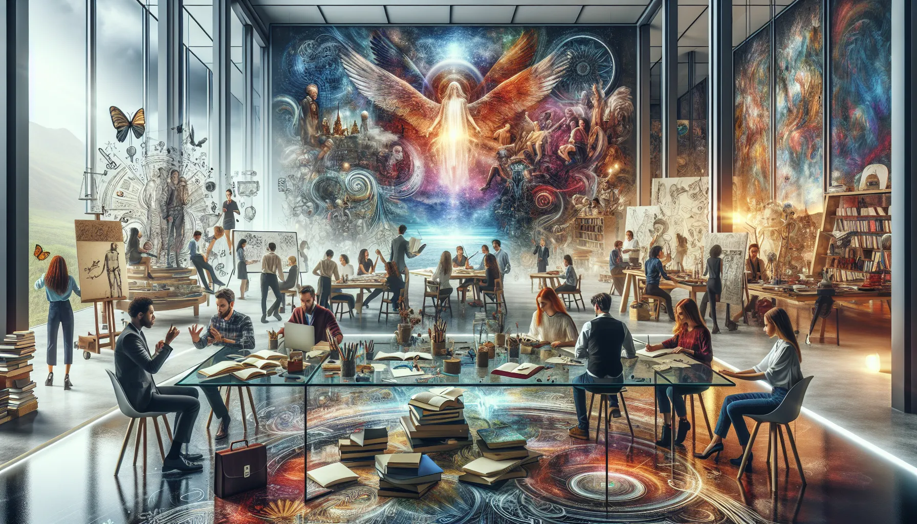 diverse group of artists and writers collaborating in a modern studio.