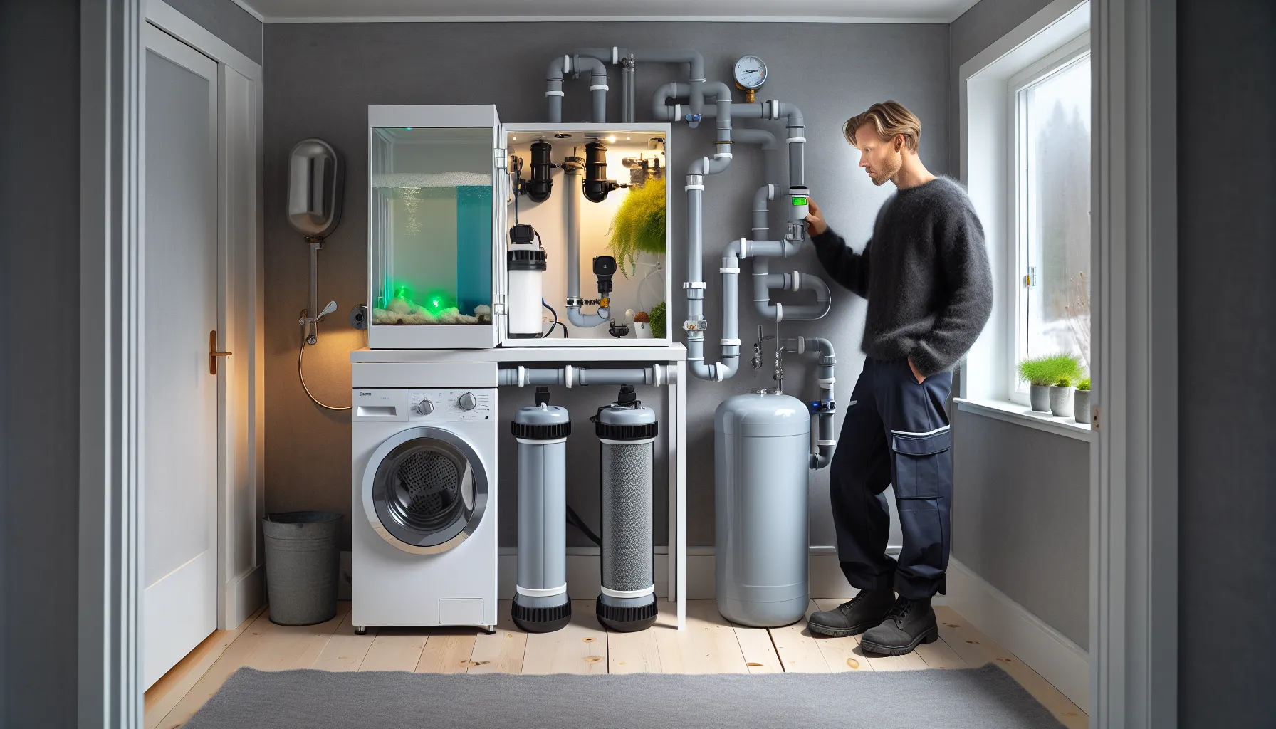 Norwegian homeowner checks compact greywater system for toilet and garden reuse.