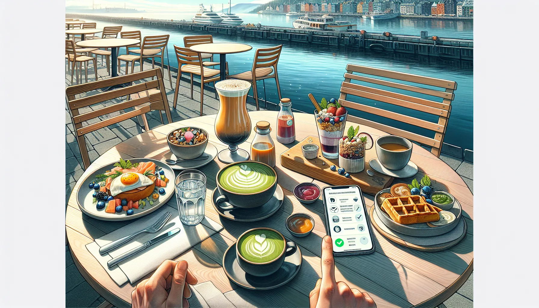 Sunlit oslo waterfront café table with varied brunch dishes and opera house.