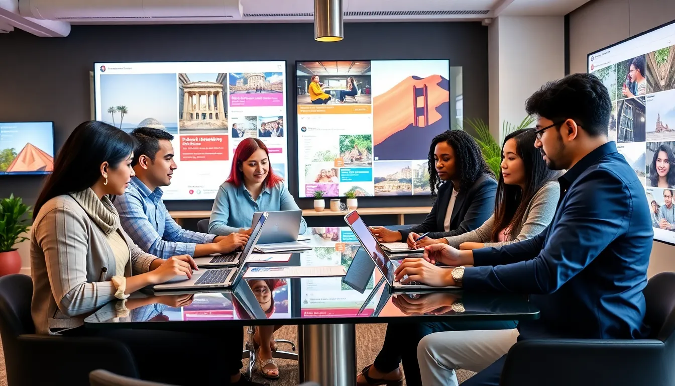 diverse marketing team planning hotel social media strategy in a modern office.