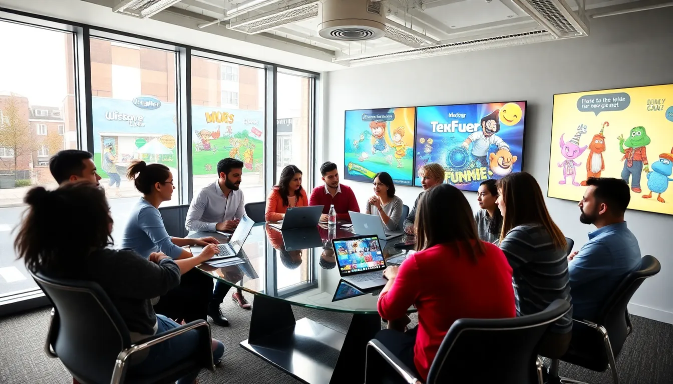 diverse team brainstorming game design in a modern office.