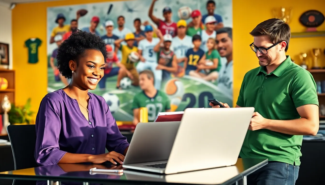 a diverse team discussing contact options in a vibrant office setting.