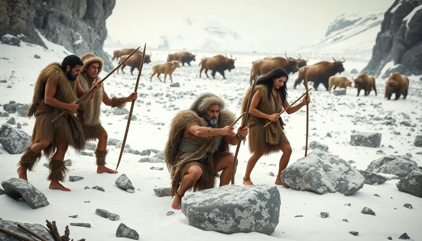 diverse group of prehistoric hunters in a snowy landscape.