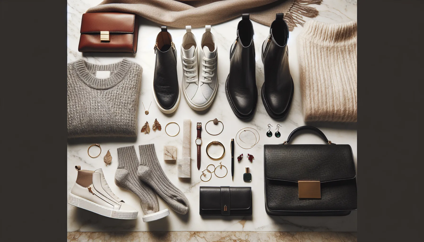 Chic winter footwear and accessories laid out for a stylish December trip to Monaco.
